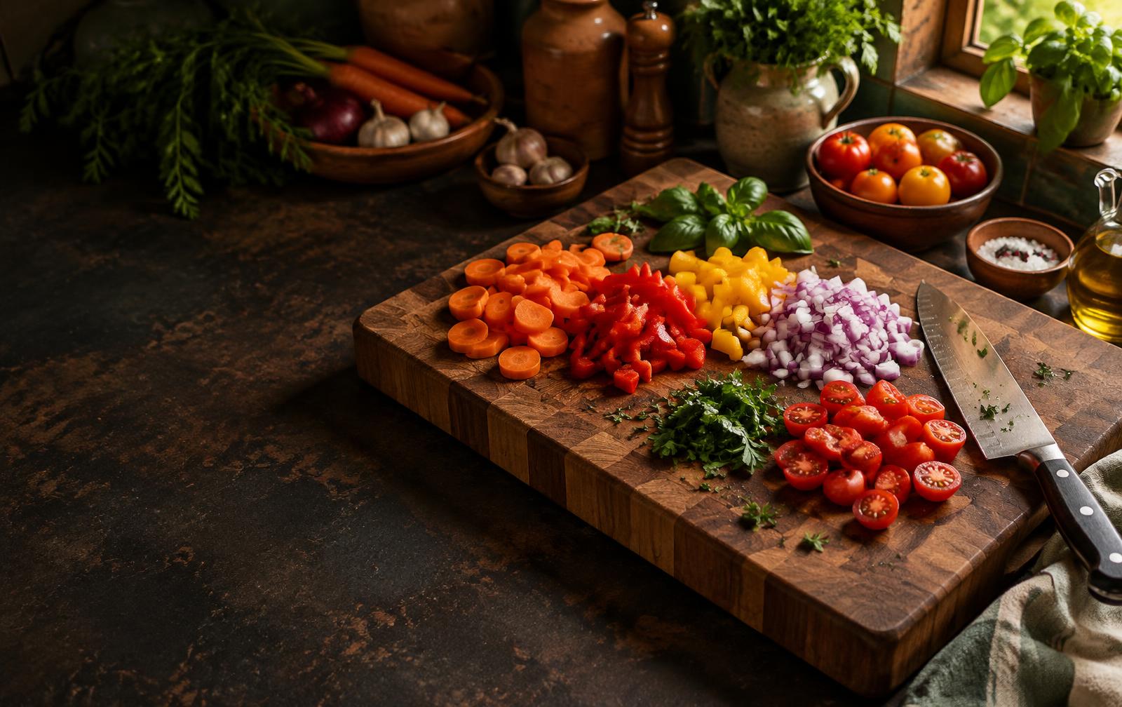Freshly chopped vegetables and a chef's knife on a wooden butcher block